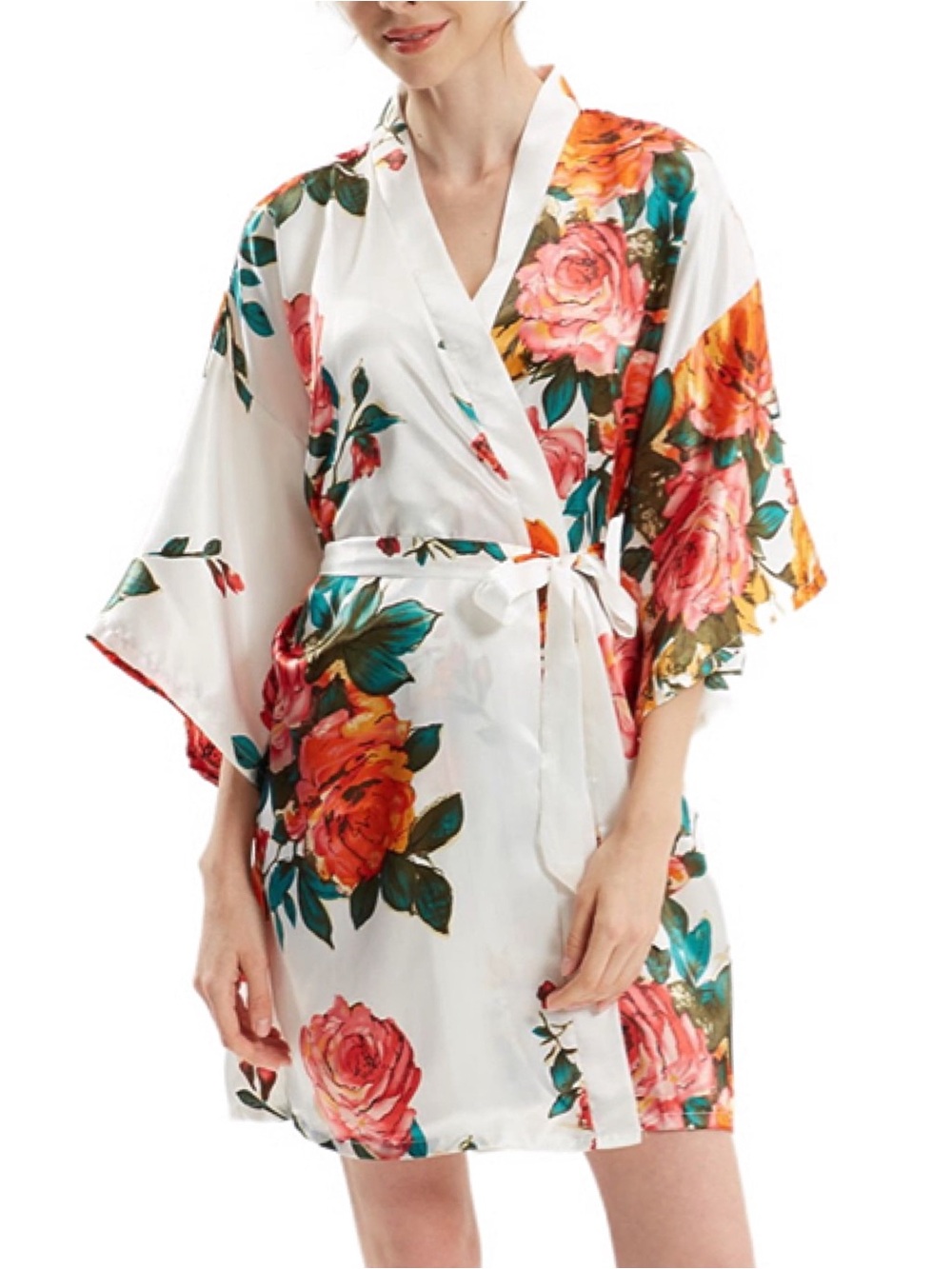 Floral Satin Kimono Robe - White with Pink & Orange Roses - NIP